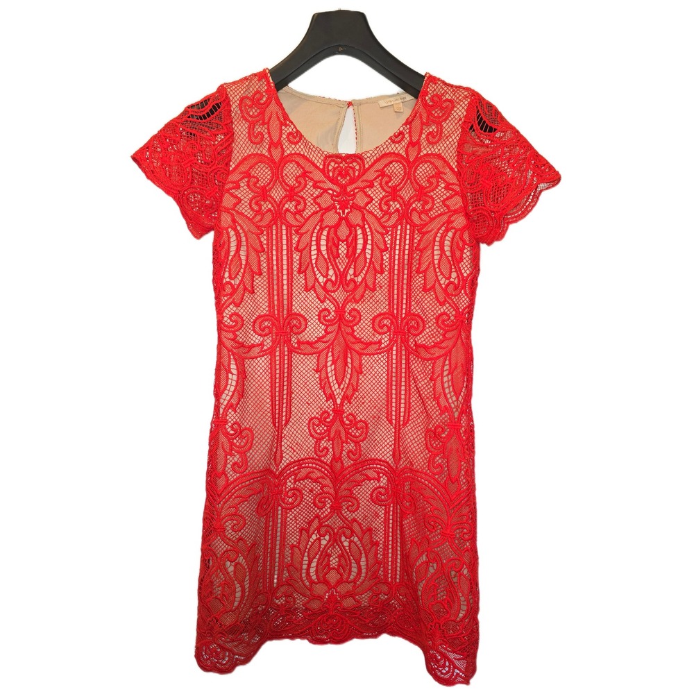 Skies Are Blue‎ Red Lace Sheath Dress Petite XSP Short Sleeve Keyhole 95551P